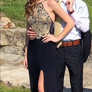 Long navy blue and gold prom dress